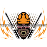 Electrician Electric Worker Work Technician Tech Skull Skeleton Color Head Angry Face White Background Design Element Construction Electrical Repair Tools Service Job Company Business Design Logo Clipart SVG