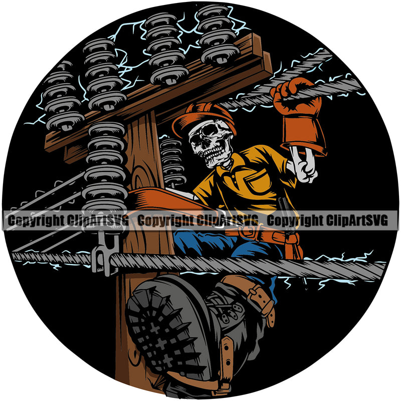 Electrician Electric Worker Work Technician Tech Construction Electrical Skull Power Line Repair Lights Back On Color Design Element Quote Text Circle Logo Service Job Company Business Design Logo Clipart SVG