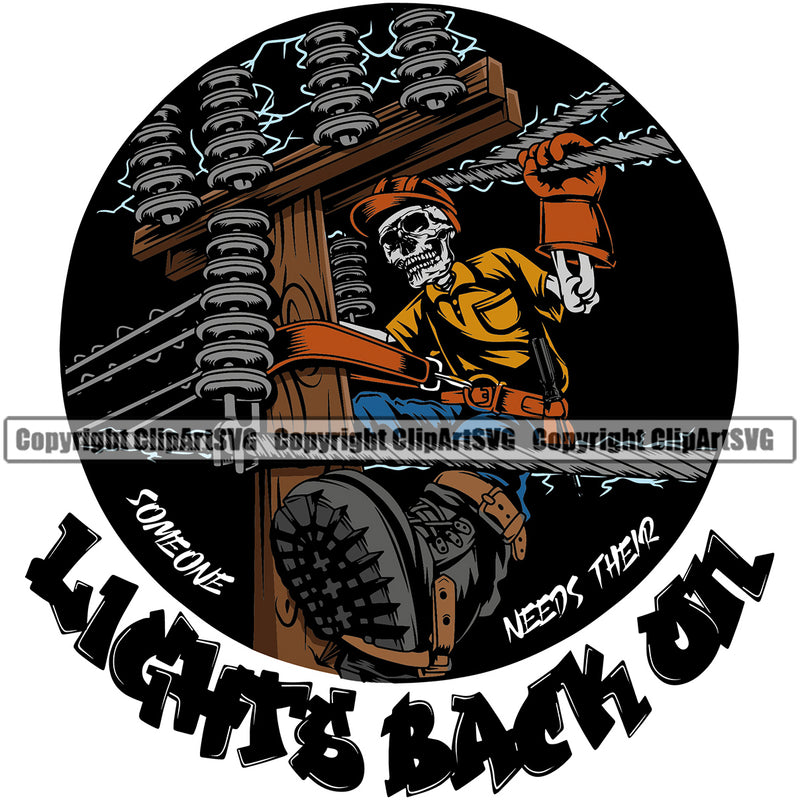 Electrician Electric Worker Work Technician Tech Construction Skull Skull Power Line Color Design Element Lights Back On Quote Text Electrical Repair Service Job Company Business Design Logo Clipart SVG