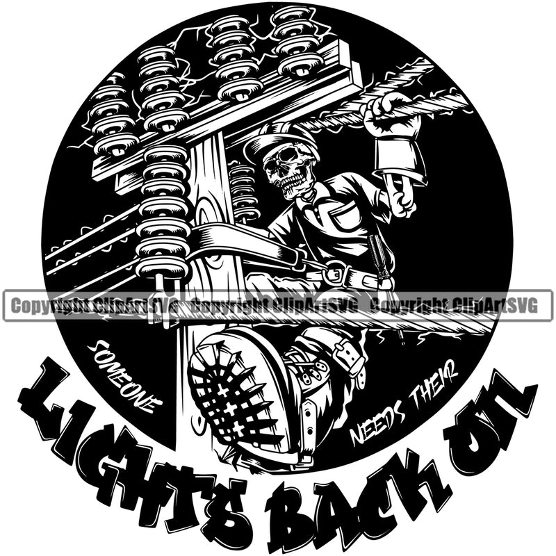 Electrician Electric Worker Work Skull Power Line Vector Design Element Lights Back On Quote Text Technician Tech Construction Electrical Repair Service Job Company Business Design Logo Clipart SVG