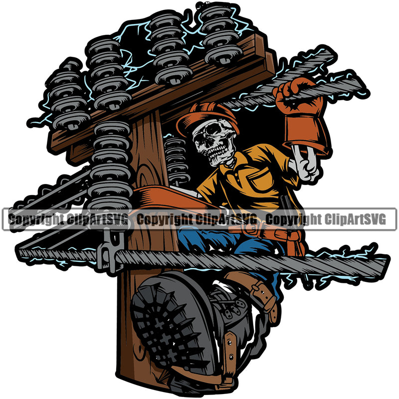 Electrician Electric Worker Work Technician Skull Climb Power Line Color Design Element White Background Vector Image Tech Construction Electrical Repair Service Job Company Business Design Logo Clipart SVG