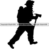 Firefighting Firefighter Occupation Silhouette Design Element Fire Fighting Fireman Rescue Equipment Helmet Safety Danger Protection Department Hero Work Firemen Gear Flame Fighter Emergency Art Design Logo Clipart SVG