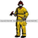 Firefighting Firefighter Axe Hand Design Element Yellow Color Fire Fighting Fireman Rescue Equipment Helmet Safety Danger Protection Department Hero Work Firemen Occupation Gear Flame Fighter Emergency Art Design Logo Clipart SVG