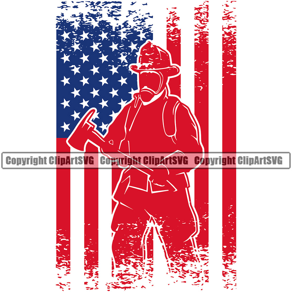 Firefighting Firefighter United States America American Flag Design Element Fire Fighting Fireman Rescue Equipment Helmet Safety Danger Protection Department Hero Work Firemen Occupation Gear Flame Fighter Emergency Art Design Logo Clipart SVG