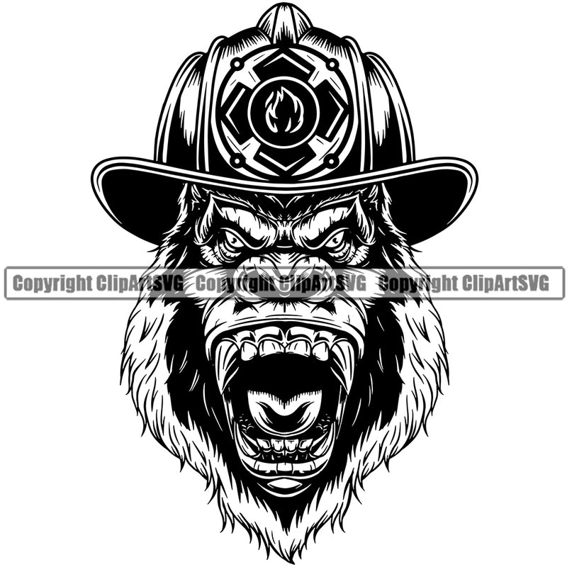 Firefighting Firefighter Gorilla Design Element Fire Fighting Fireman Rescue Equipment Helmet Safety Danger Protection Department Hero Work Firemen Occupation Gear Flame Fighter Emergency Art Design Logo Clipart SVG