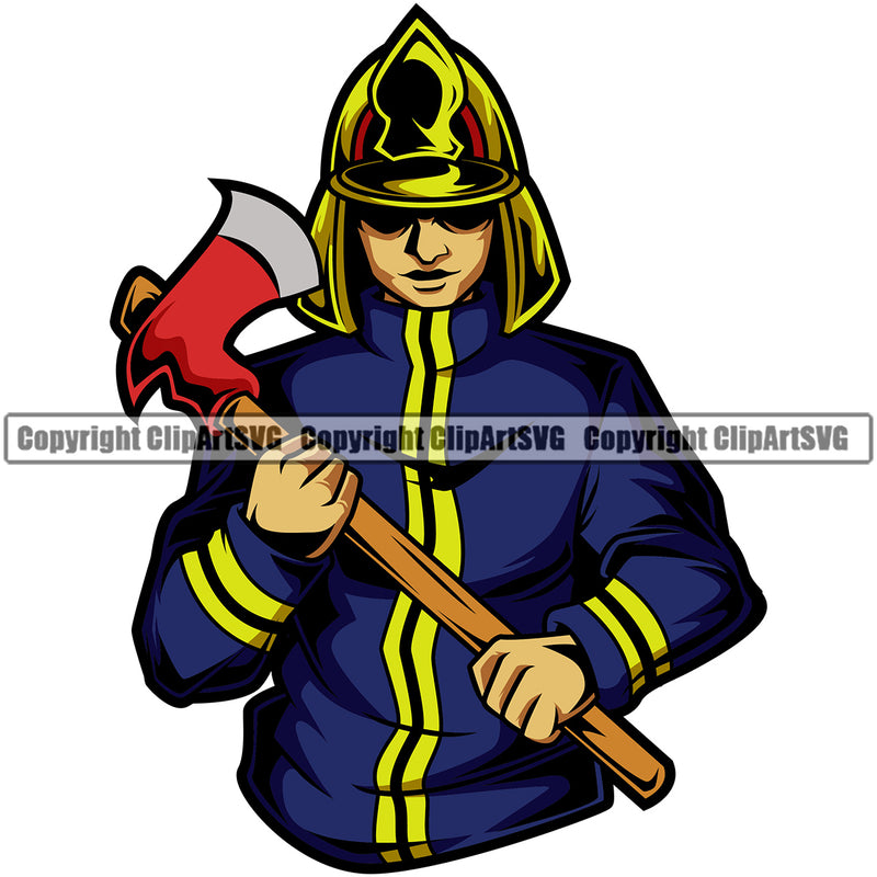 Firefighting Firefighter Axe Blue Color Dress Mascot Design Element Fire Fighting Fireman Rescue Equipment Helmet Safety Danger Protection Department Hero Work Firemen Occupation Gear Flame Fighter Emergency Art Logo Clipart SVG