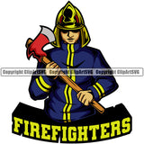 Firefighting Firefighter Mascot Blue Dress Quote Design Element Fire Fighting Fireman Rescue Equipment Helmet Safety Danger Protection Department Hero Work Firemen Occupation Gear Flame Fighter Emergency Art Design Logo Clipart SVG
