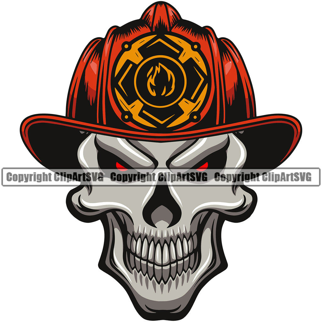 Firefighting Firefighter Skull Skeleton Color Head Design Element Fire Fighting Fireman Rescue Equipment Helmet Safety Danger Protection Department Hero Work Firemen Occupation Gear Flame Fighter Emergency Art Design Logo Clipart SVG