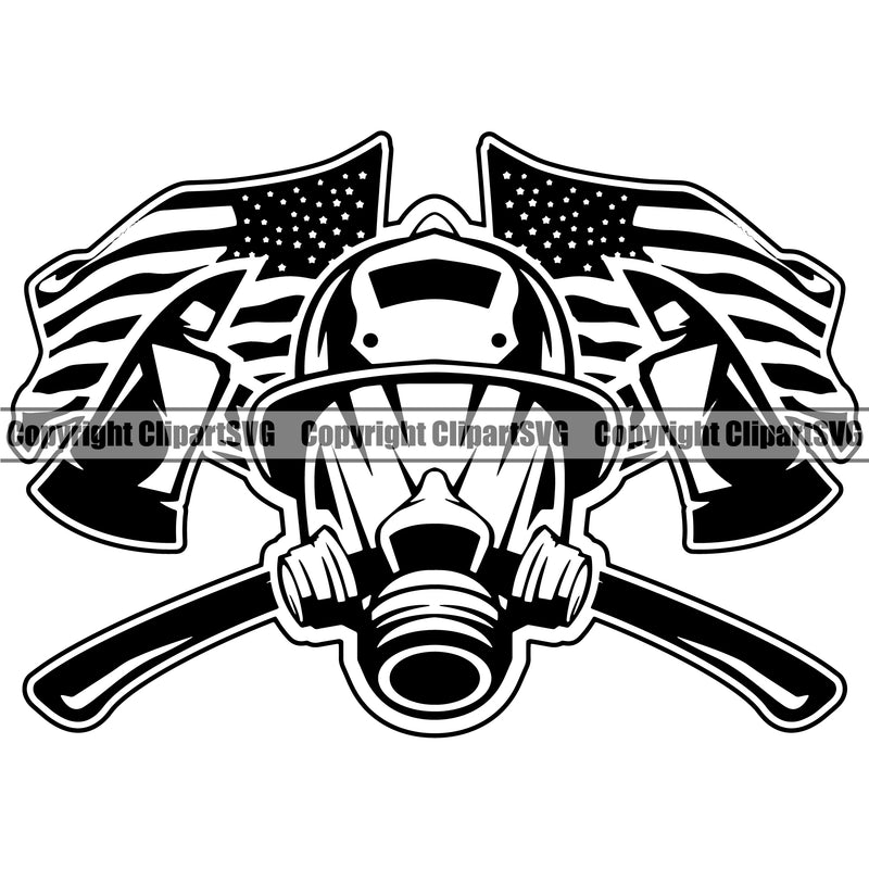Firefighting Firefighter USA Flag Head And Axe Design Element Fire Fighting Fireman Rescue Equipment Helmet Safety Danger Protection Department Hero Work Firemen Occupation Gear Flame Fighter Emergency Art Design Logo Clipart SVG