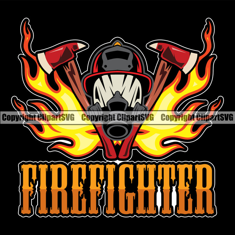 Firefighting Firefighter Fire Fighting Black Ground Yellow Design Element Fireman Rescue Equipment Helmet Safety Danger Protection Department Hero Work Occupation Gear Flame Fighter Emergency Art Logo Clipart SVG