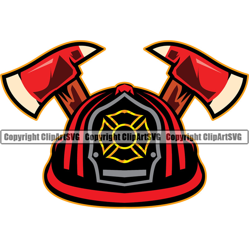 Firefighting Firefighter Helmet And Axe Red Color Design Element Fighting Fireman Rescue Equipment Helmet Safety Danger Protection Department Hero Work Firemen Occupation Gear Flame Fighter Emergency Art Logo Clipart SVG