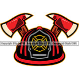 Firefighting Firefighter Helmet And Axe Red Color Design Element Fighting Fireman Rescue Equipment Helmet Safety Danger Protection Department Hero Work Firemen Occupation Gear Flame Fighter Emergency Art Logo Clipart SVG