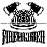 Firefighting Helmet And Axe Wit Firefighter Text Design Element Quote Fighting Fireman Rescue Equipment Helmet Safety Danger Protection Department Hero Work Firemen Occupation Gear Flame Fighter Emergency Art Logo Clipart SVG