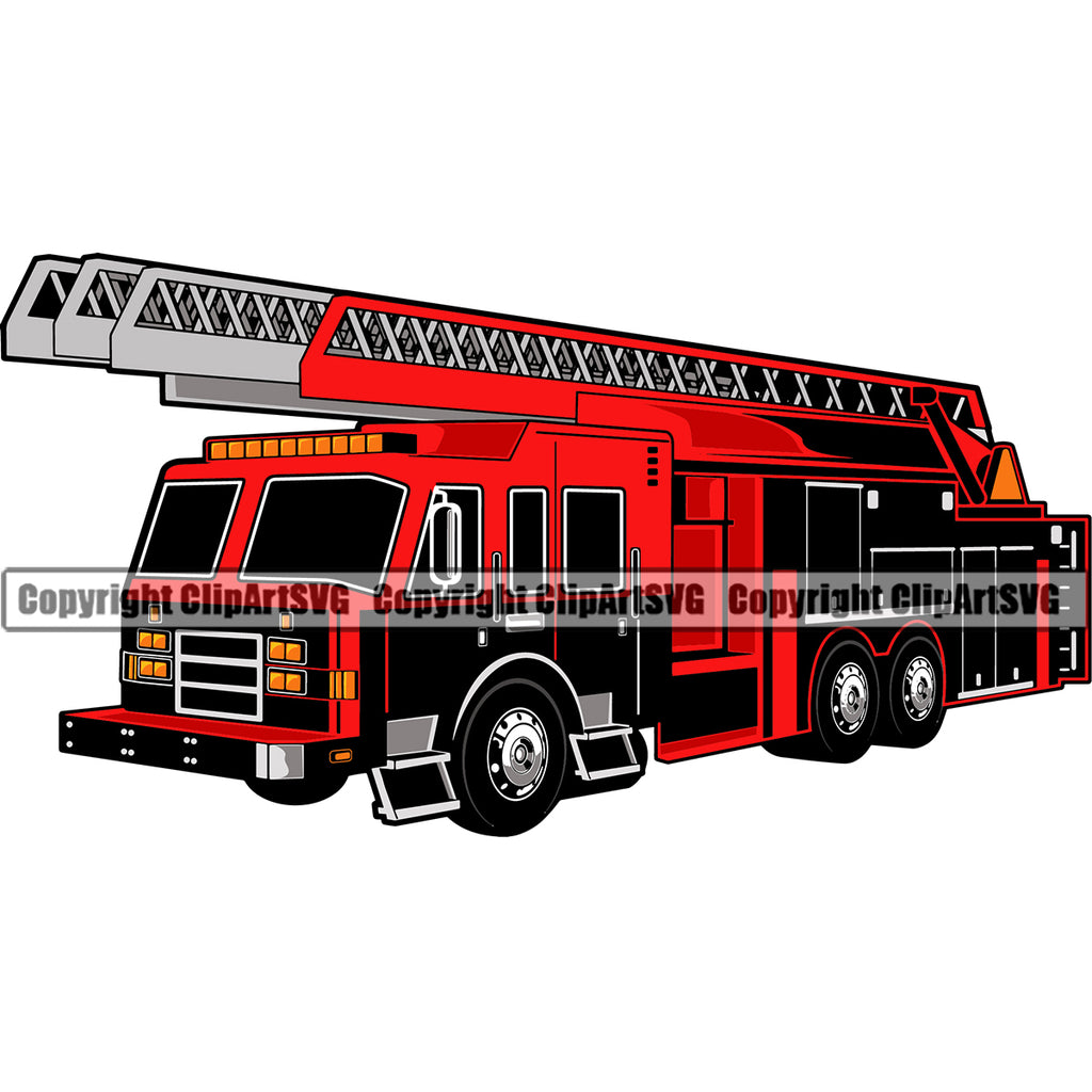 Firefighting Firefighter Fire Fighting Truck Engine Extended Latter Red Color Design Element Fireman Rescue Equipment Helmet Safety Danger Protection Department Hero Work Firemen Occupation Gear Flame Fighter Emergency Art Logo Clipart SVG