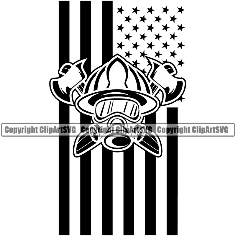 Firefighting Firefighter Fire United States America American USA Flag Black Color Design Element Fireman Rescue Equipment Helmet Safety Danger Protection Department Hero Work Firemen Occupation Gear Flame Fighter Emergency Art Logo Clipart SVG