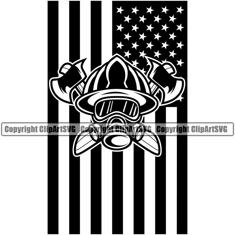 Firefighting United States America American USA Flag Under Helmet Design Element Black Color Firefighter Fireman Rescue Equipment Helmet Safety Danger Protection Department Hero Work Firemen Occupation Gear Flame Fighter Emergency Art Logo Clipart SVG