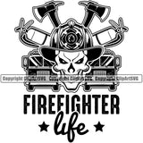 Firefighting Firefighter Life Skull Color White Design Element Axes Truck Fireman Helmet Safety Emergency Art Danger Protection Department Hero Work Firemen Occupation Gear Flame Fighter Logo Clipart SVG