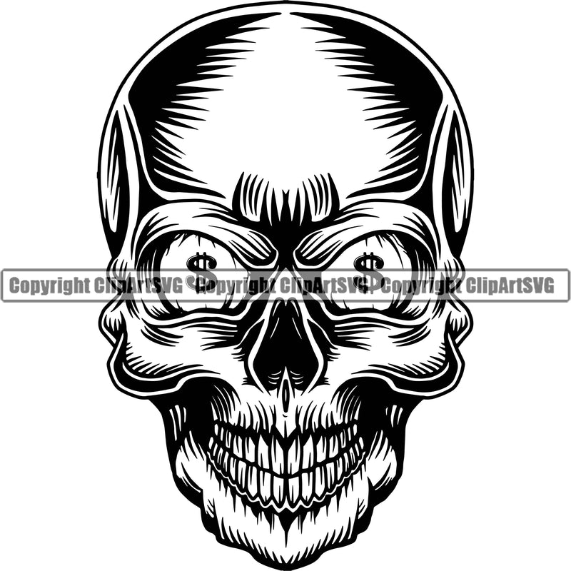 Gangster Crime Criminal Mafia Illustration Vintage Mob Boss Skull Skeleton Head Cash Money Bag Eyes Coin Sign Eyes Isolated Character Horror Criminal Logo Clipart SVG