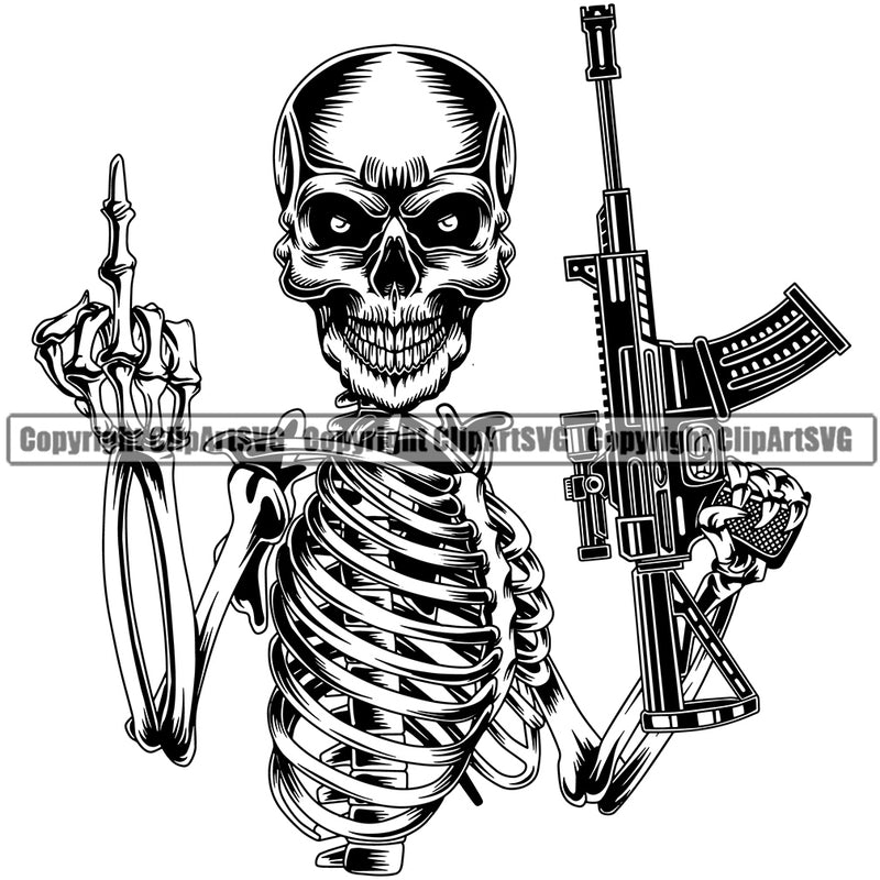 Gangster Crime Criminal Mafia Illustration Gangster Skull Machine Gun Hand Holding Middle Finger Sign White Background Design Element Vintage Mob Boss Isolated Character Horror Criminal Logo Clipart SVG