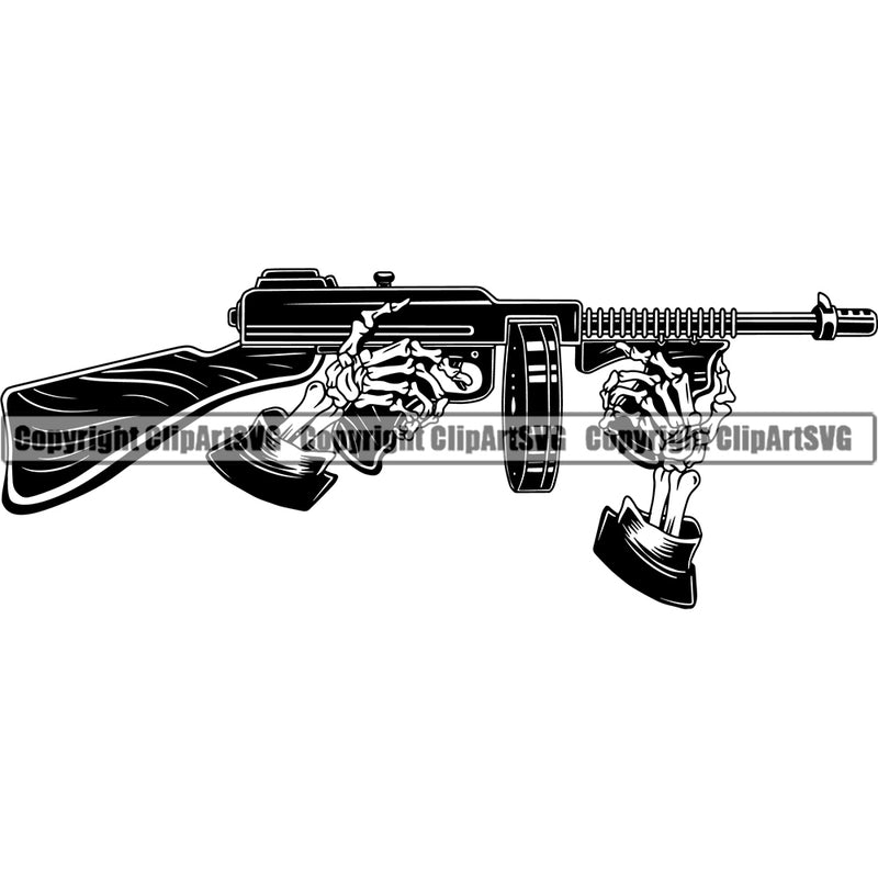 Gangster Crime Criminal Mafia Illustration Vintage Mob Gangster Skull Skeleton Machine Gun Hand Holding White Background Design Element Boss Isolated Character Horror Criminal Logo Clipart SVG