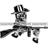 Gangster Crime Criminal Mafia Illustration Vintage Mob Boss Isolated Gangster Skull Tommy Machine Gun White Background Design Element Character Horror Criminal Logo Clipart SVG