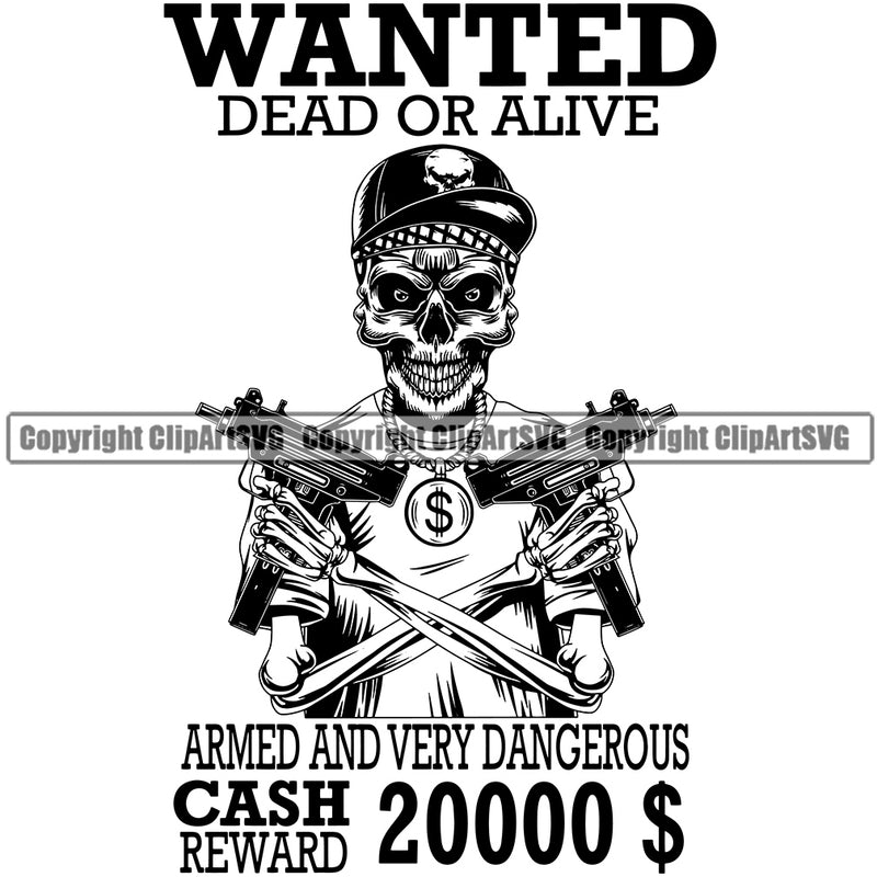 Gangster Crime Criminal Mafia Illustration Vintage Mob Boss Isolated Wanted Dead Or Alive Armed And Very Dangerous Skull Arms Design Element White Background Character Horror Criminal Logo Clipart SVG