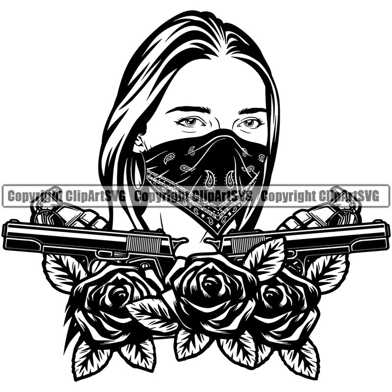 Gangster Crime Criminal Mafia Illustration Vintage Mob Boss Gangster Woman Bandana Gun Roses Lady Girls Design Element Isolated Character Horror Criminal Logo Clipart SVG