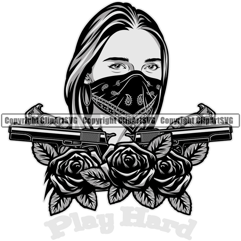 Gangster Crime Criminal Mafia Illustration Vintage Mob Boss Isolated Gangster Woman Bandana Gun Roses White Background Design Element Character Horror Criminal Logo Clipart SVG