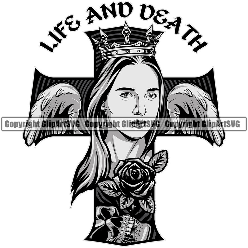 Gangster Crime Criminal Mafia Illustration Vintage Mob Life And Death Quote Text Woman Under Cross Girls Design Element Boss Isolated Character Horror Criminal Logo Clipart SVG