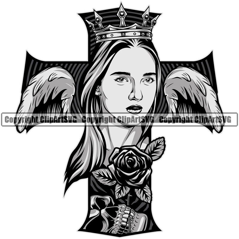 Gangster Crime Criminal Mafia Illustration Vintage Mob Boss Isolated Woman Cross Rose Vector Design Element White Background Character Horror Criminal Logo Clipart SVG