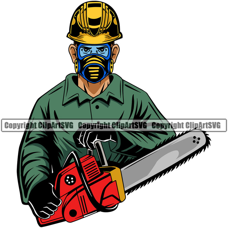 Hand Holding Chain Saw Machine Vector Design Element White Background Lumberjack Woodcutter Man Cartoon Character Wood Working Axe Forest Tree Logger Job Lumber Industry Log Mascot Art Logo Clipart SVG