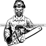 Black And White Hand Holding Chain Saw Machine BW Vector Design Element Lumberjack Woodcutter Man Cartoon Character Wood Working Axe Forest Tree Logger Job Lumber Industry Log Mascot Art Logo Clipart SVG