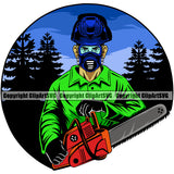 Lumberjack Woodcutter Man Holding Chain Saw Color Design Element Circle Background Cartoon Character Wood Working Axe Forest Tree Logger Job Lumber Industry Log Mascot Art Logo Clipart SVG