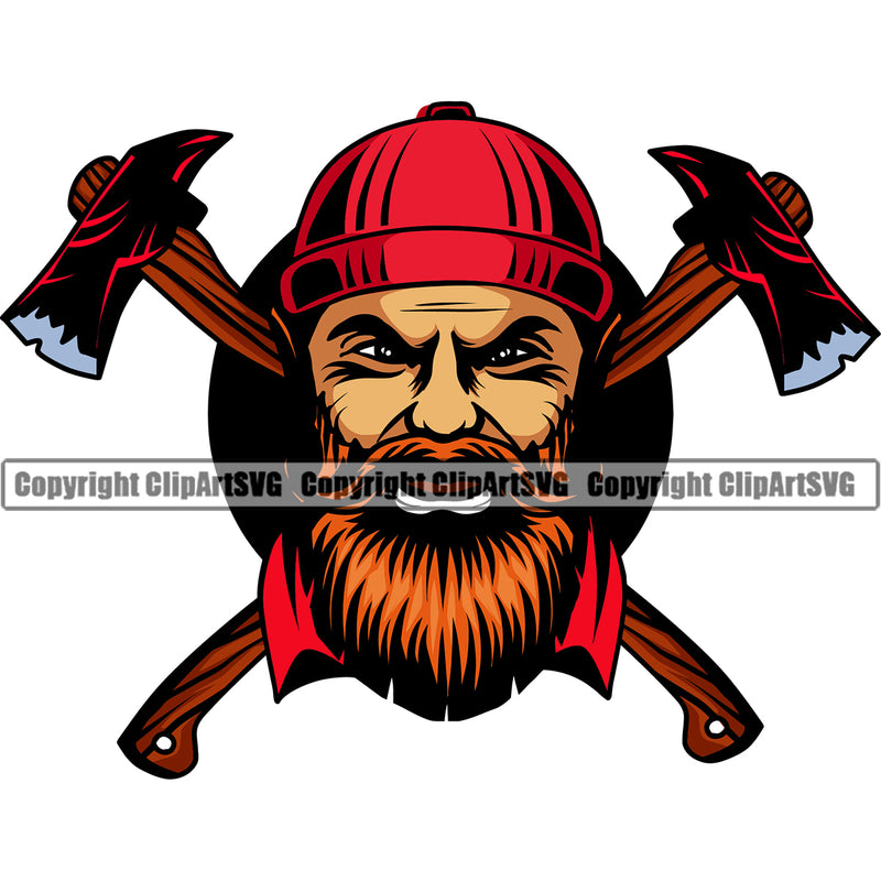 Wood Man Head And Crossed Axe Design Element Woodcutter Man Cartoon Character Wood Working Axe Forest Tree Logger Job Lumber Industry Log Mascot Art Logo Clipart SVG