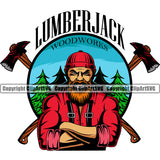 Lumberjack Color Quote Woodcutter Man Standing Crossed Axe Circle Design Element  Color Cartoon Character Wood Working Axe Forest Tree Logger Job Lumber Industry Log Mascot Art Logo Clipart SVG