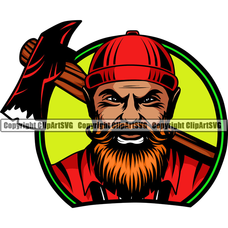 Woodcutter Man Axe And Circle Logo Design Element Angry Face Cartoon Character Wood Working Axe Forest Tree Logger Job Lumber Industry Log Mascot Art Logo Clipart SVG