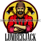 Lumberjack Black Color Quote Woodcutter Man Cartoon Character Axe Design Element Yellow Color Circle Logo Design Element White Background Wood Working Axe Forest Tree Logger Job Lumber Industry Log Mascot Art Logo Clipart SVG