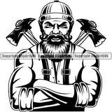 Black And White Color Lumberjack Man Standing And Crossed Axe Design Element BW Woodcutter Man Cartoon Character Wood Working Axe Forest Tree Logger Job Lumber Industry Log Mascot Art Logo Clipart SVG