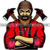 Lumberjack Man Standing And Crossed Axe Color Design Element Angry Face White Background Woodcutter Man Cartoon Character Wood Working Axe Forest Tree Logger Job Lumber Industry Log Mascot Art Logo Clipart SVG
