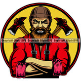 Lumberjack Man Standing And Crossed Axe Circle Logo Color Design Element Angry Face White Background Woodcutter Man Cartoon Character Wood Working Axe Forest Tree Logger Job Lumber Industry Log Mascot Art Logo Clipart SVG