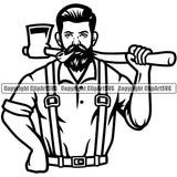 Lumberjack Woodcutter Man Smoking And Holding Axe Black And White Design Element Cartoon Character Wood Working Axe Forest Tree Logger Job Lumber Industry Log Mascot Art Design Logo