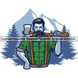 Lumberjack Woodcutter Man Holding Axe And Smoking Color Design Element Mountain And Tree Background Cartoon Character Wood Working Axe Forest Tree Logger Job Lumber Industry Log Mascot Art Design Logo