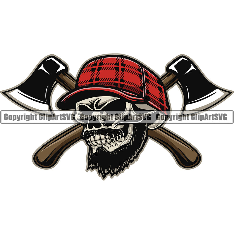 Lumberjack Skull Skeleton Wearing Hat Woodcutter Man White Background Crossed Axe Vector Design Element Both Color Cartoon Character Wood Working Axe Forest Tree Logger Job Lumber Industry Log Mascot Art Design Logo