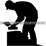 Mason Man Silhouette Design Element White Background Masonry Construction House Wall Builder Concrete Block Work Worker Build Cement Bricklayer Brick Repair Company Art Logo Clipart SVG