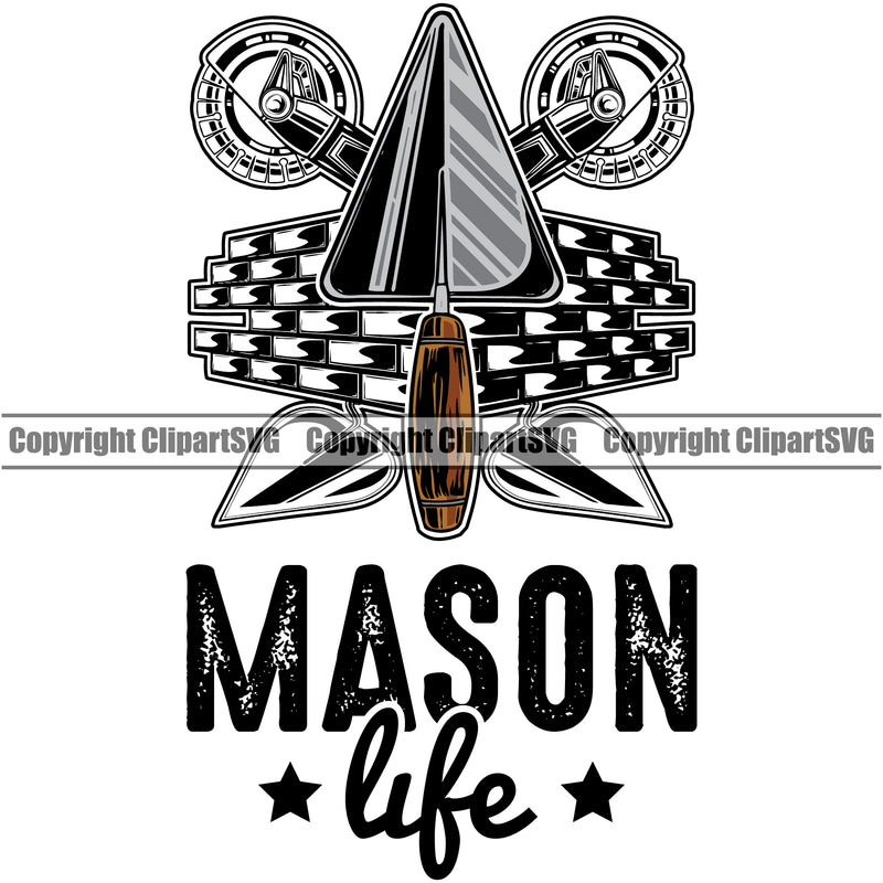 Mason Life Color Equipment Masonry Construction House Wall Builder Concrete Design Element Block Work Worker Build Cement Bricklayer Brick Repair Company Art Logo Clipart SVG