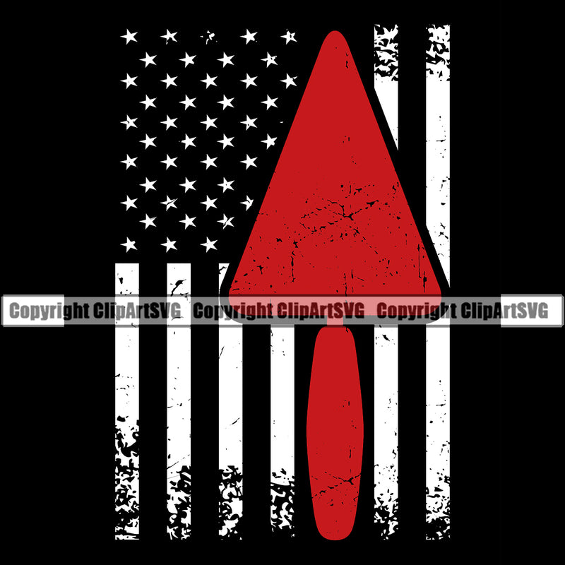 Mason Spade On USA Flag Vector Black Background Design Element Masonry Construction House Wall Builder Concrete Block Work Worker Build Cement Bricklayer Brick Repair Company Art Logo Clipart SVG