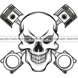 Mechanic Pistons Crossed Skull Skeleton Head Design Element Engine Auto Repair Automotive Service Car Truck Motorcycle Technician Garage Shop Vehicle Maintenance Company Business Logo Clipart SVG