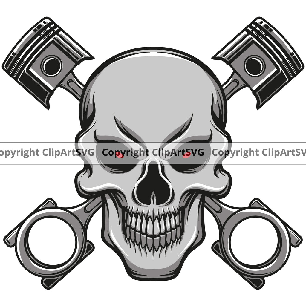 Skull Skelton Red Eyes With Mechanic Piston Engine Auto Repair Automotive Service Car Truck Motorcycle Technician Garage Shop Vehicle Maintenance Design Element Company Business Logo Clipart SVG