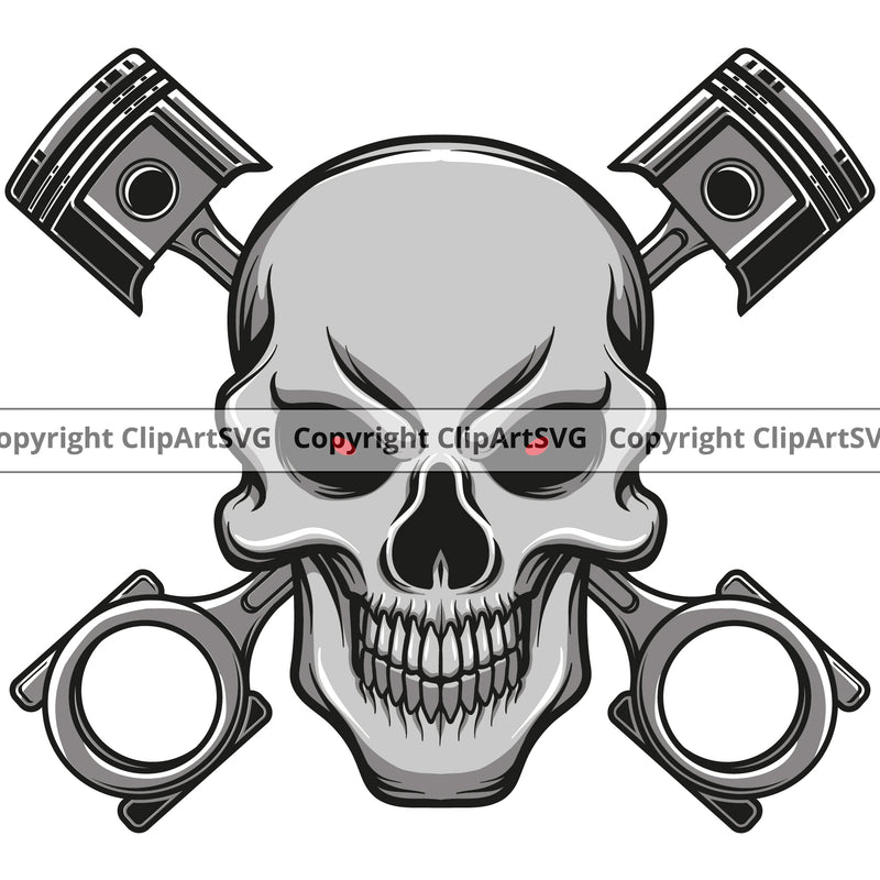 Skull Skelton Red Eyes With Mechanic Piston Engine Auto Repair Automotive Service Car Truck Motorcycle Technician Garage Shop Vehicle Maintenance Design Element Company Business Logo Clipart SVG