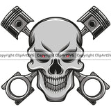 Skull Skelton Red Eyes With Mechanic Piston Engine Auto Repair Automotive Service Car Truck Motorcycle Technician Garage Shop Vehicle Maintenance Design Element Company Business Logo Clipart SVG